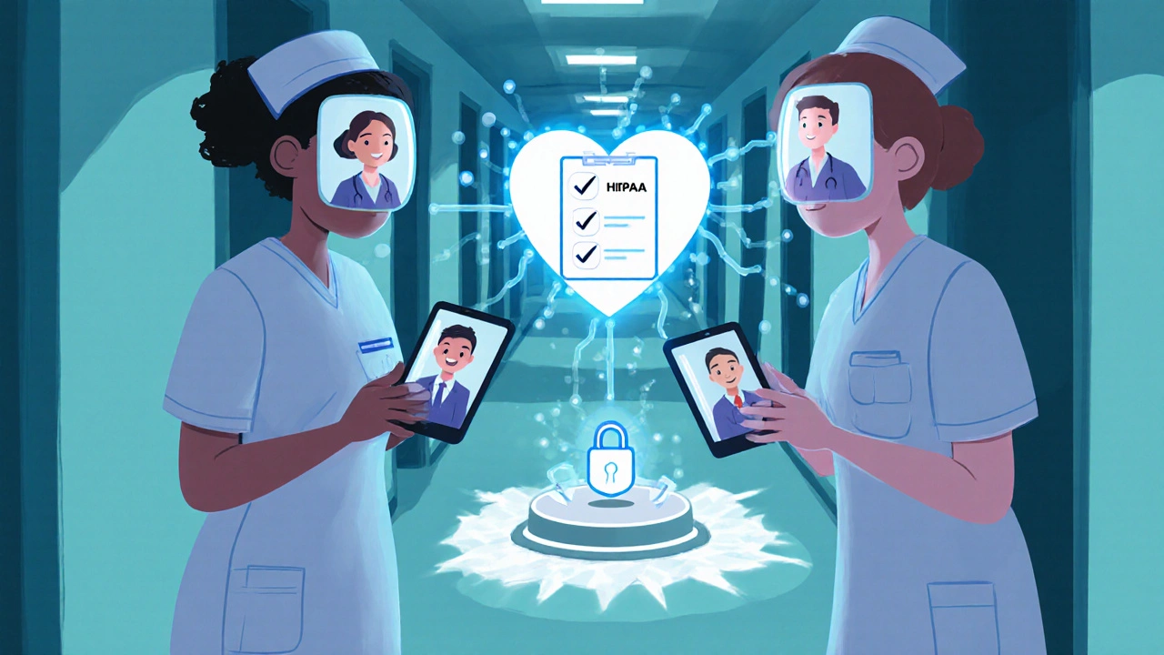 A nurse and doctor connected by glowing presence indicators on their smartphones in a hospital hallway.
