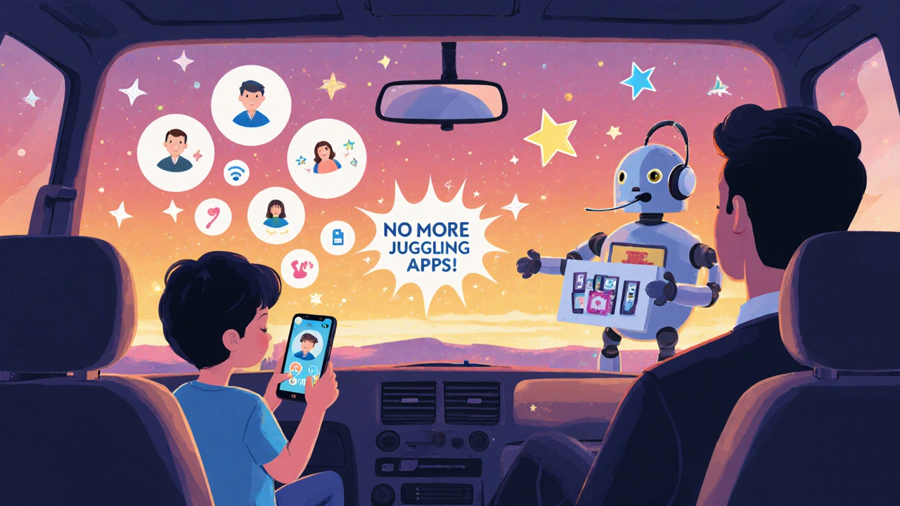 A parent on a work call in the car, with magical bubbles showing contact history and a friendly robot helper.