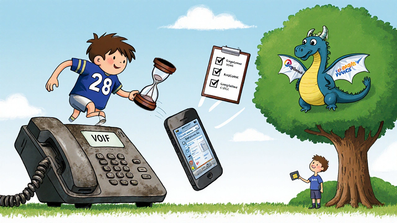 A phone changes carriers as a VoIP dragon watches with an hourglass, while a checklist flies above.