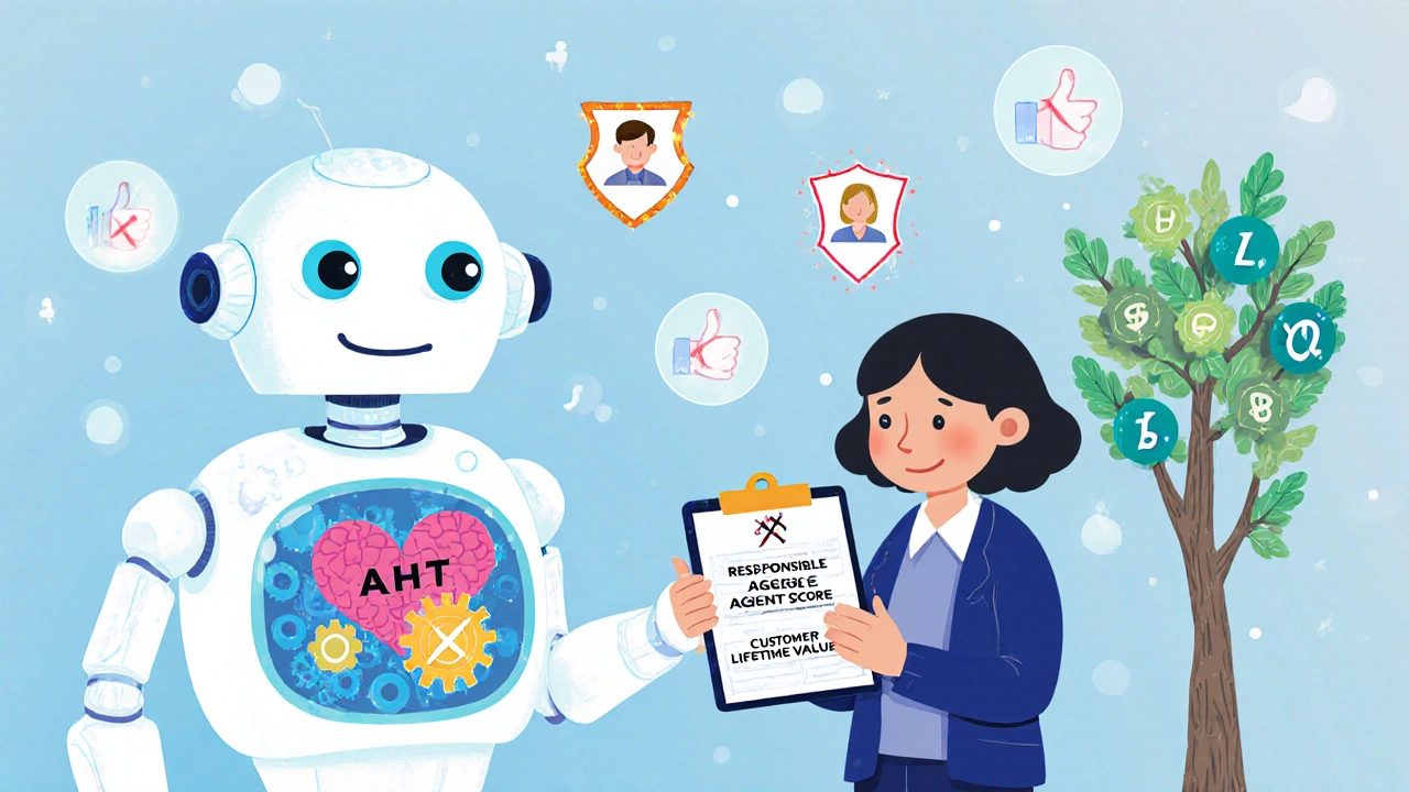 A robot with a heart-brain stands beside a human agent as &#039;AHT&#039; fades away and &#039;Customer Lifetime Value&#039; shines brightly.