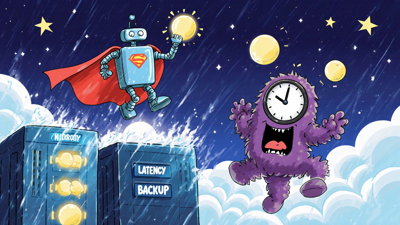 A superhero robot catching falling phone calls as it jumps from London to Manchester during a storm.