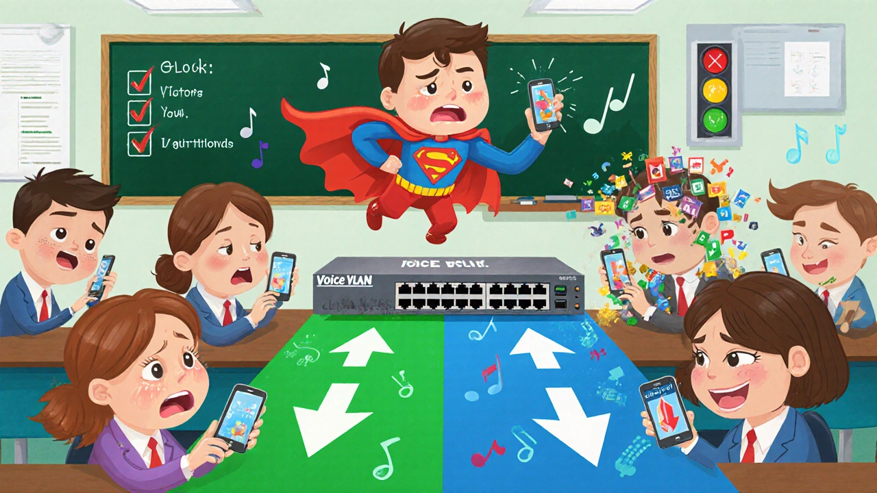 A superhero switch separates voice and data traffic into clean lanes while confused workers hold glitching phones.