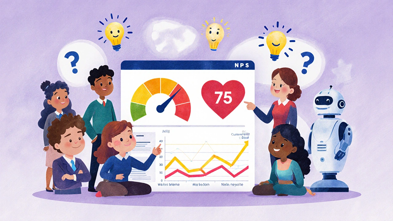A team celebrates a rising heart-shaped NPS meter while an AI assists, and effort scores drop on a glowing dashboard.