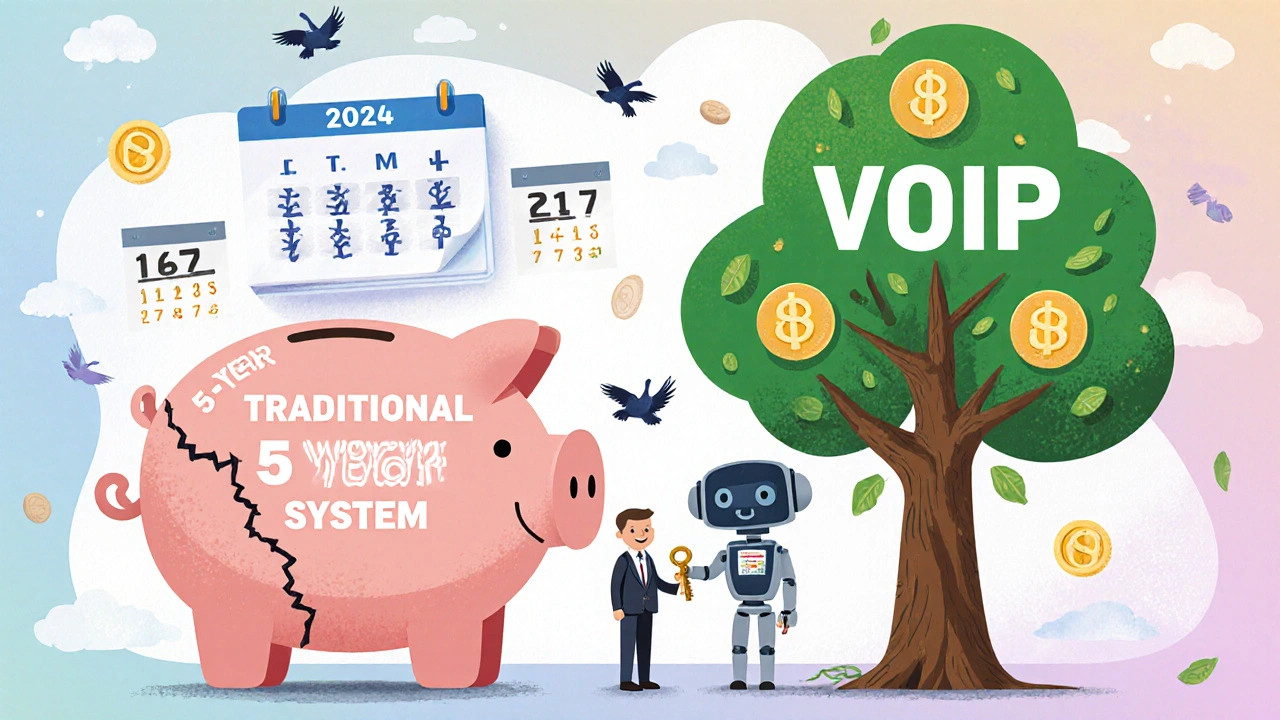 A tiny business owner receives a savings key beside a broken piggy bank and a growing tree made of coins, with fading landlines in the background.