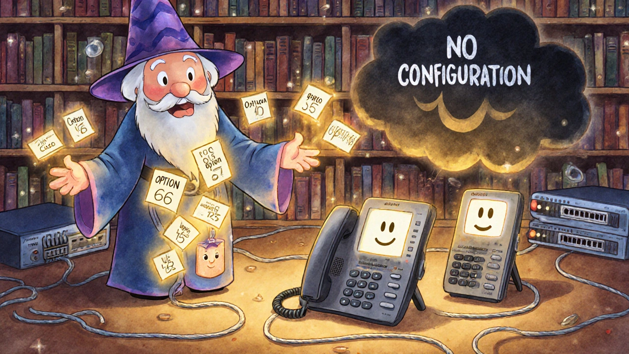 A wizard DHCP server casting glowing option tags to three different VoIP phones in a magical network library.