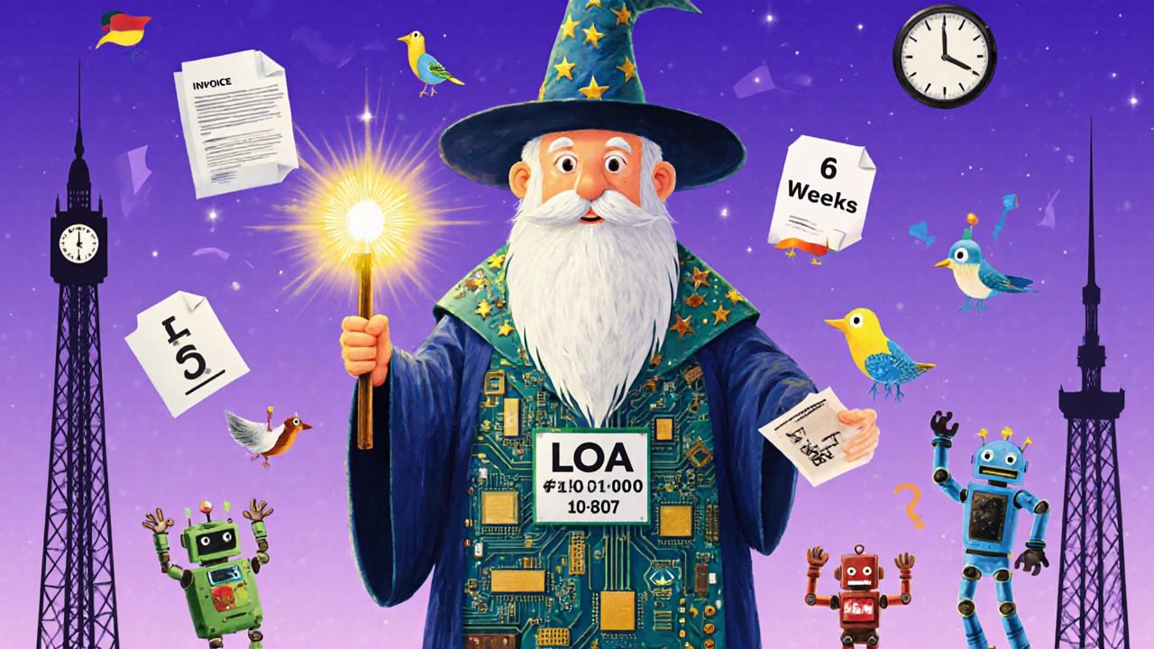 A wizard in circuit-board robes uses a glowing wand to transform an old phone number, surrounded by floating documents and cheerful robots.