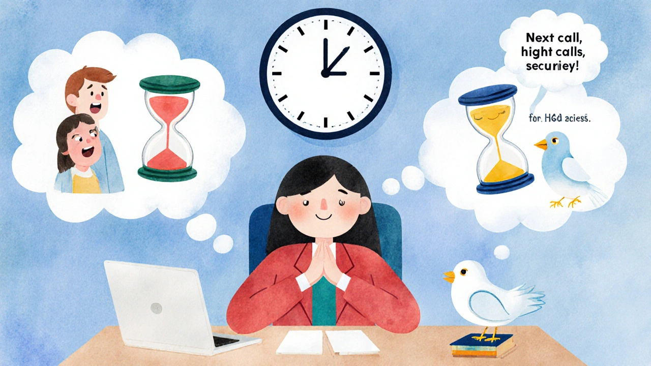 An agent breathing between calls, with thought bubbles showing past and next calls, clock with hourglasses and AI bird whispering.