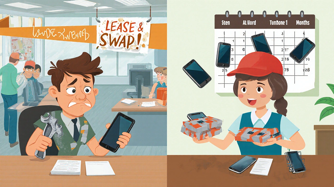 An office scene showing a frustrated IT person repairing a broken phone vs. a delivery person handing out new leased phones with changing models over time.