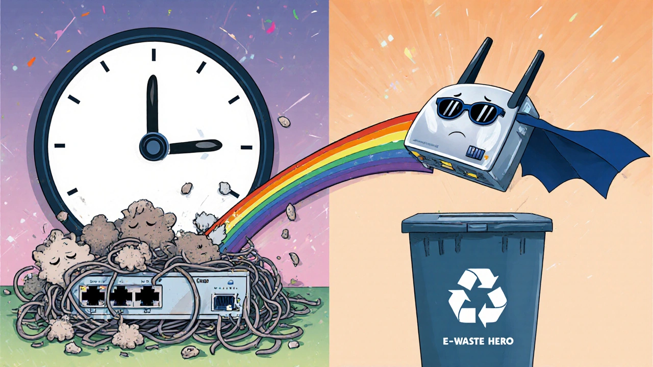 An old, dusty router being replaced by a superhero new router, with old gear being gently recycled.