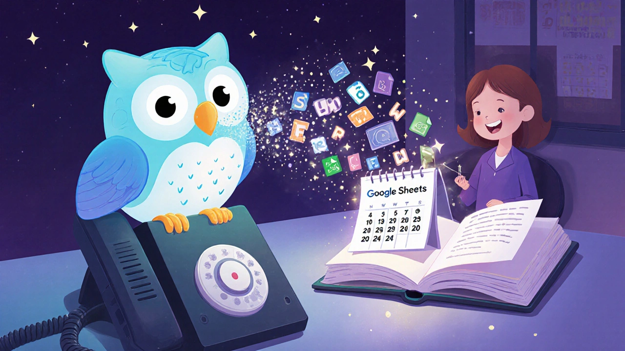 An owl-shaped voice-to-text machine turning voicemails into words that float into a spreadsheet.