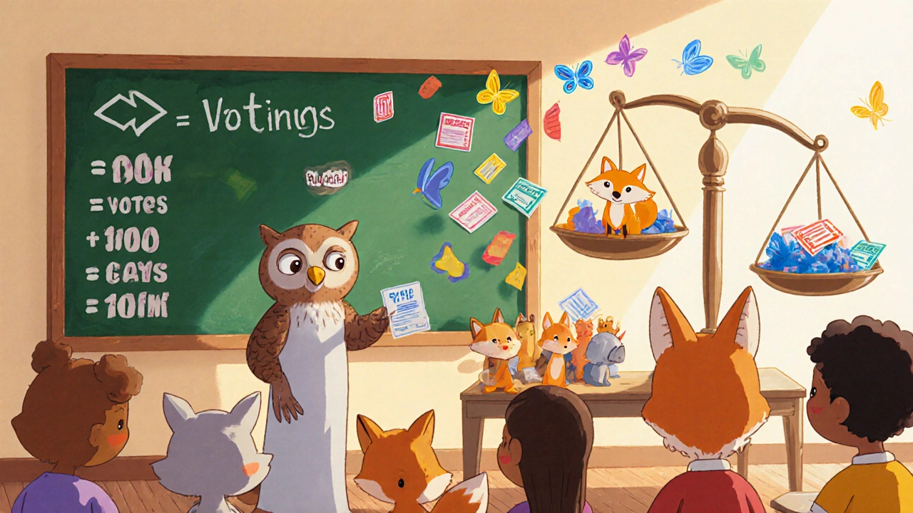 Animal students learn quadratic voting with a wise owl, showing square root math on a chalkboard.