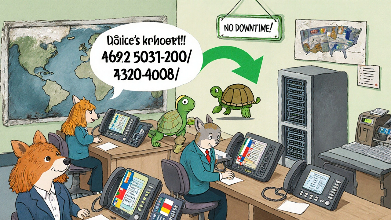 Cartoon animals answer calls from around the world, all showing the same number, with a green arrow leading to a modern VoIP hub and a turtle marking &#039;No Downtime!&#039;