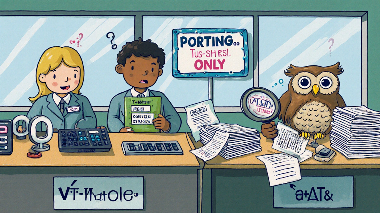 Cartoon telecom workers process porting requests, with T-Mobile automated and AT&amp;T overwhelmed by paper.