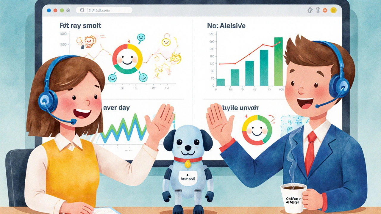 Cheerful human agents high-five a robot dog AI while colorful success charts glow behind them.