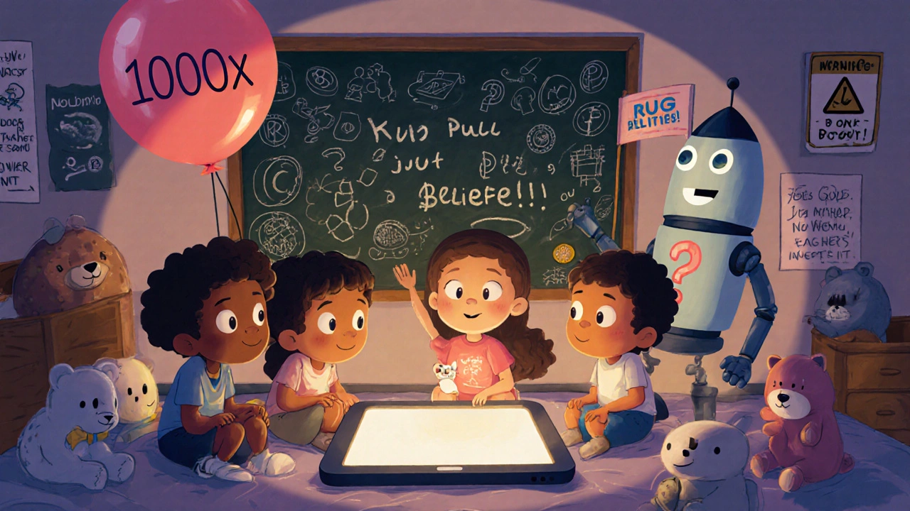 Children gather around a rocket-shaped tablet as a robot explains meme coins on a doodled chalkboard.