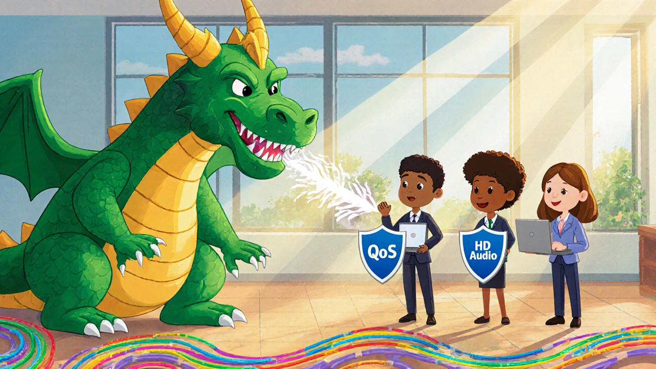 Employees use softphones while a dragon made of old cables breathes glitches, surrounded by glowing upgraded network cables.