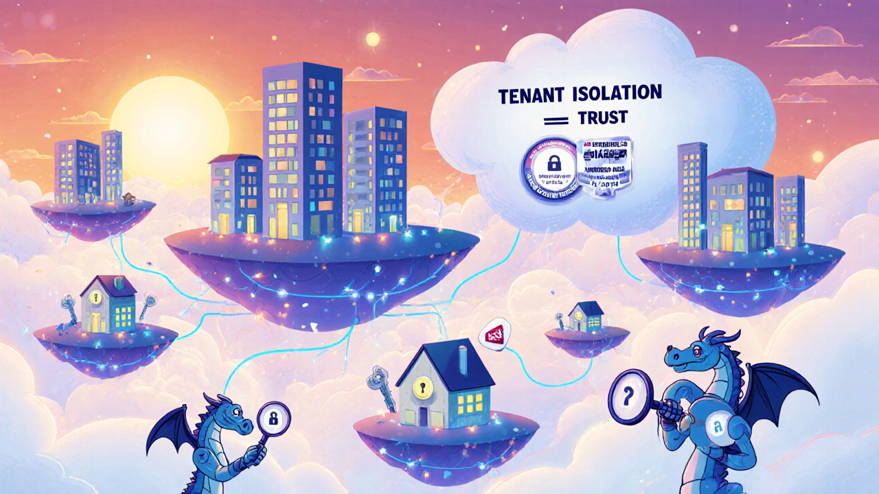 Floating data islands for each company in a cloud city, guarded by AI dragons and marked with locks and certification badges.