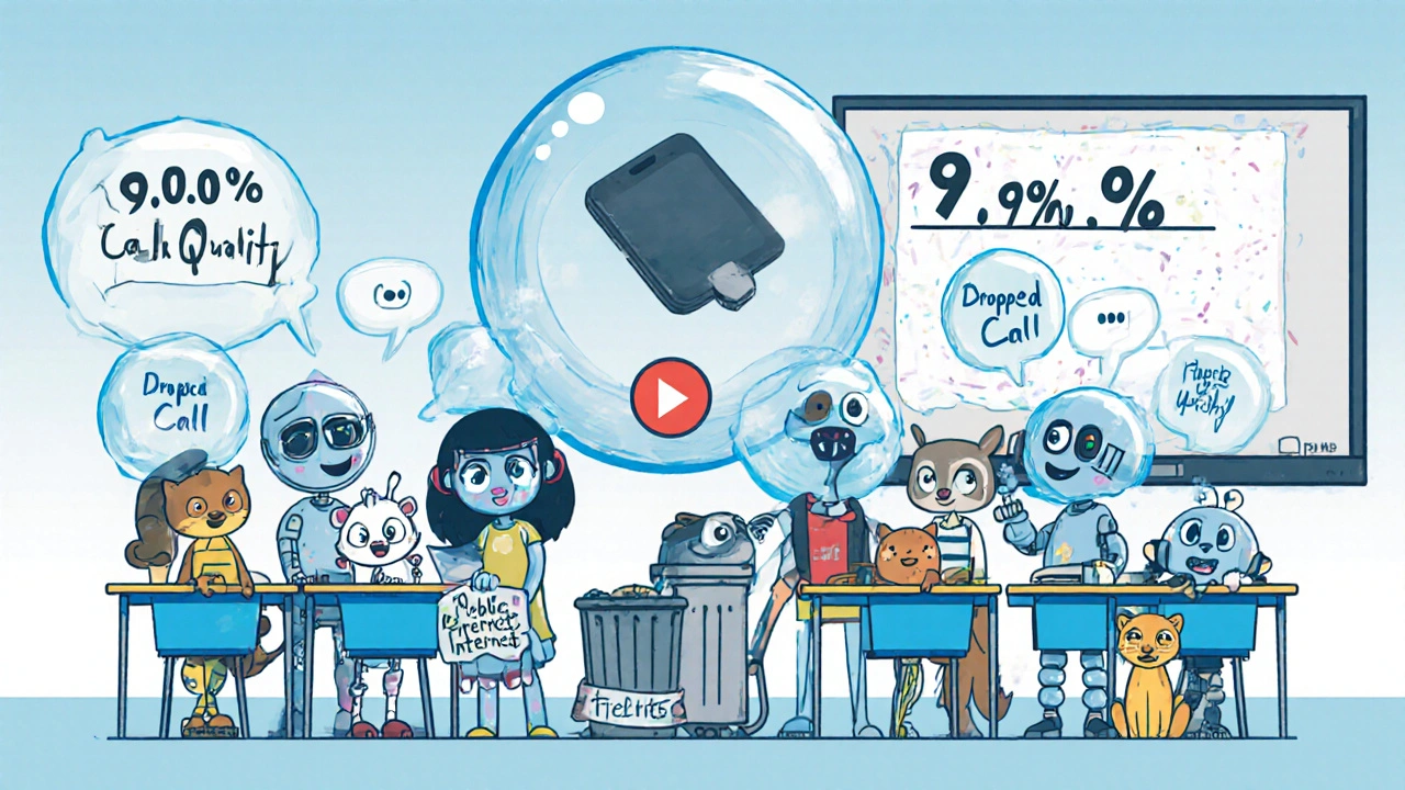 Friendly robots on a perfect video call with a broken phone in the trash.