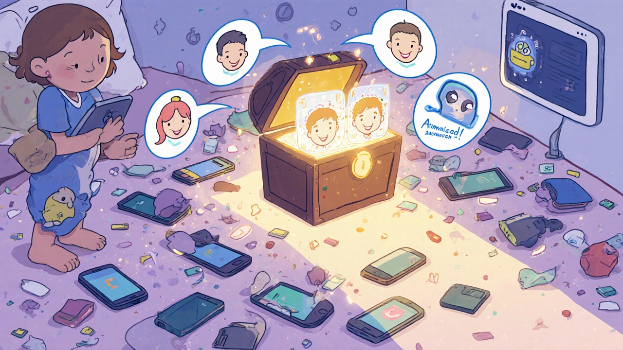 Messy personal phones are pulled into a tidy digital inbox by a glowing Quo app, bringing calm to a child&#039;s room.