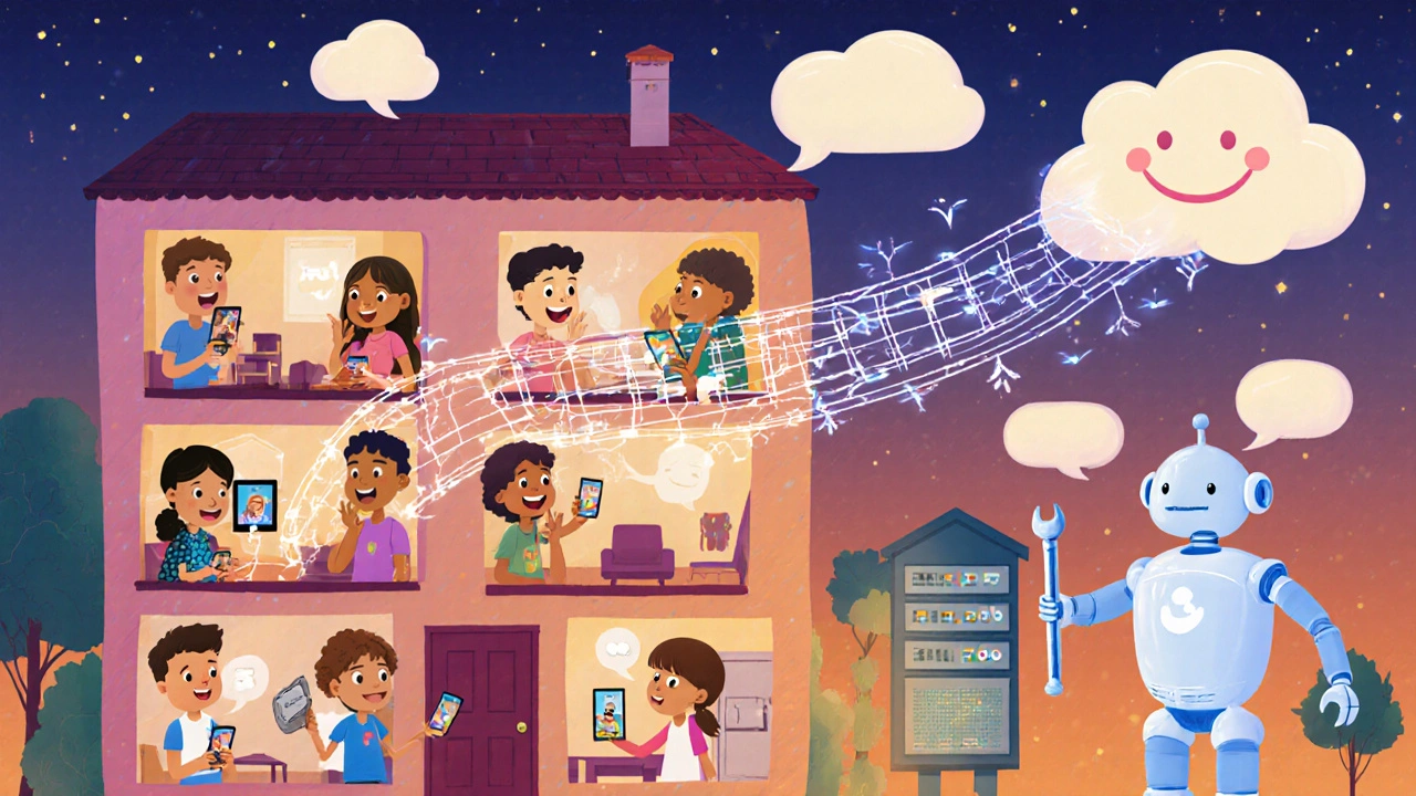 People in a building use phones and panels to answer visitors, with glowing network paths and a smiling cloud server above.