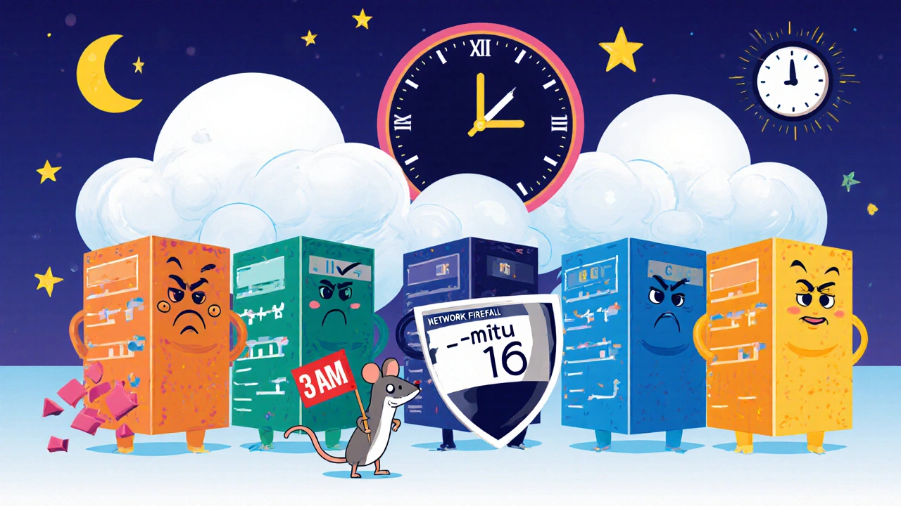 Tiny scan packets sneak past grumpy cloud servers wearing shields, while a clock shows 3 AM and fast packets are blocked.