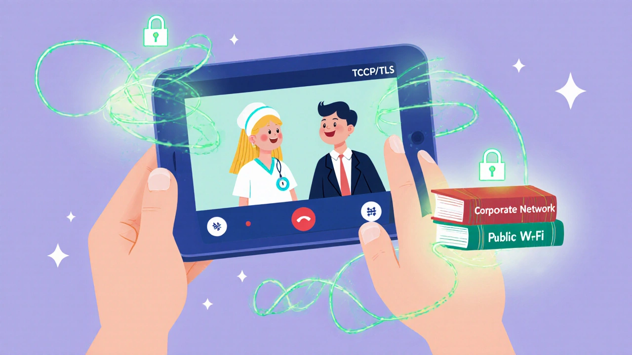 Two characters video call through firewalls wrapped in glowing TCP/TLS ribbons with lock icons.