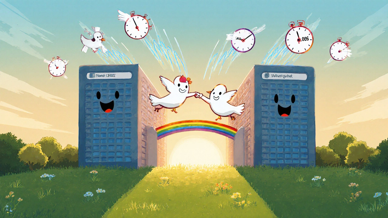 Two friendly data center buildings holding hands across a countryside with happy sound wave birds flying between them.