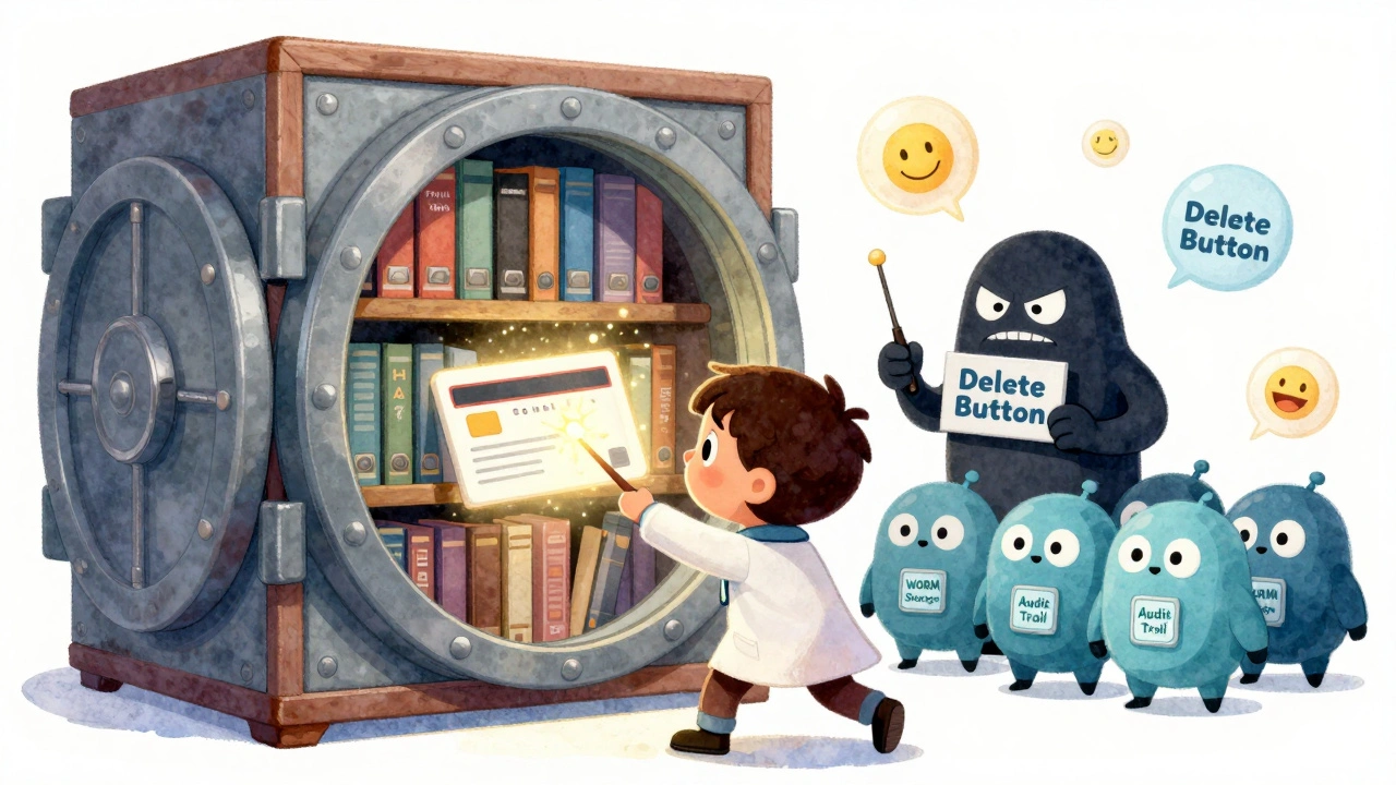 A bookshelf vault storing regulated call recordings, with a child using a magic wand to redact card numbers.