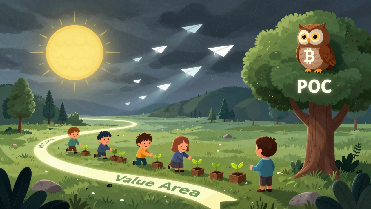 A calm valley with a glowing Value Area and a wise owl watching traders place orders as fake orders vanish.