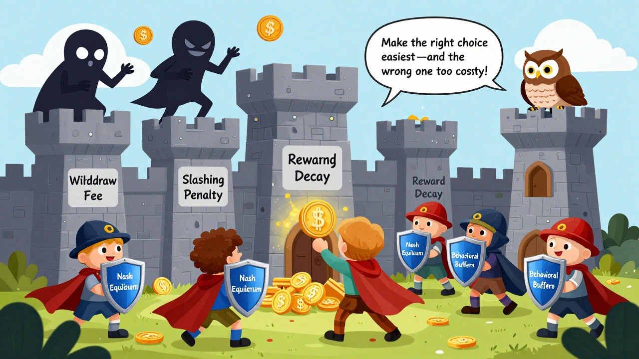 A castle defended by incentive blocks against token thieves, with wise owl guiding users.