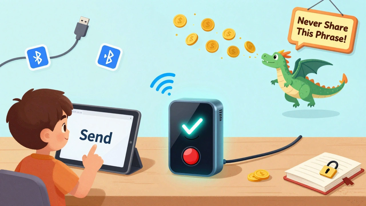 A child confirms a crypto transaction by pressing a button on a glowing hardware wallet as coins fly into the sky.