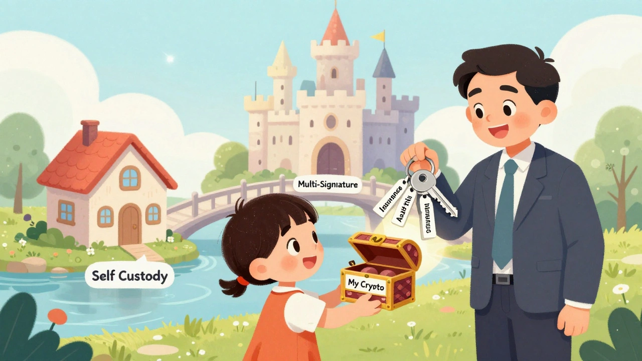 A child hands their crypto treasure to a grown-up holding a key labeled with security features.