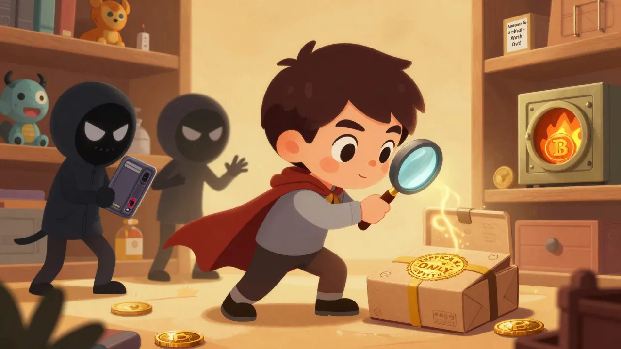 A child inspects a sealed hardware wallet with a golden stamp, while sneaky figures try to place a fake one on a shelf.