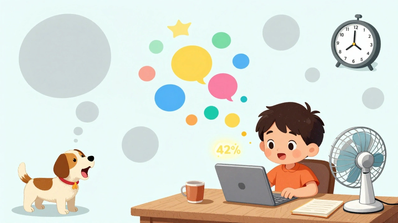 A child talks on a tablet; only their voice appears as colorful bubbles while noise vanishes, with a 42% bandwidth savings icon above.