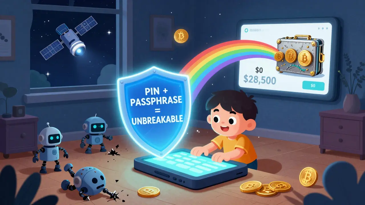 A child uses a hardware wallet with a glowing passphrase shield, defeating hacker robots as Bitcoin coins float into the sky.