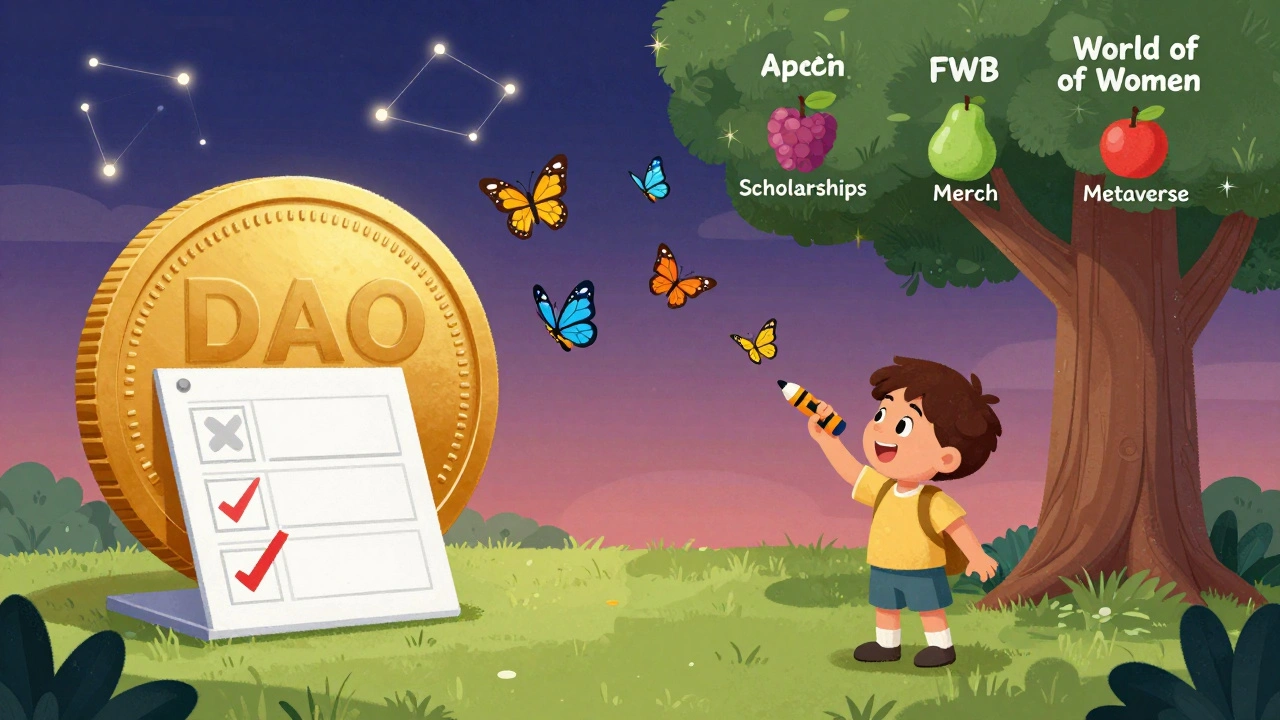 A child voting with a crayon as votes turn into butterflies flying toward a tree of NFT benefits.