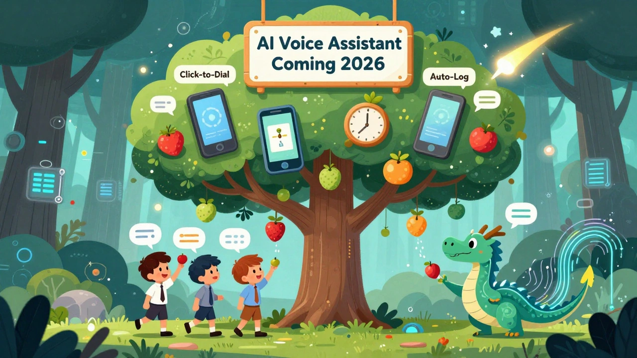 A digital tree with phone-shaped fruit grows in a forest, fed by children to a data-stream dragon.