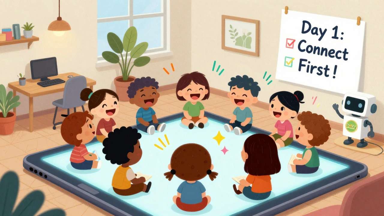 A diverse team chats warmly on a virtual call, with sound waves and home office backgrounds around them.