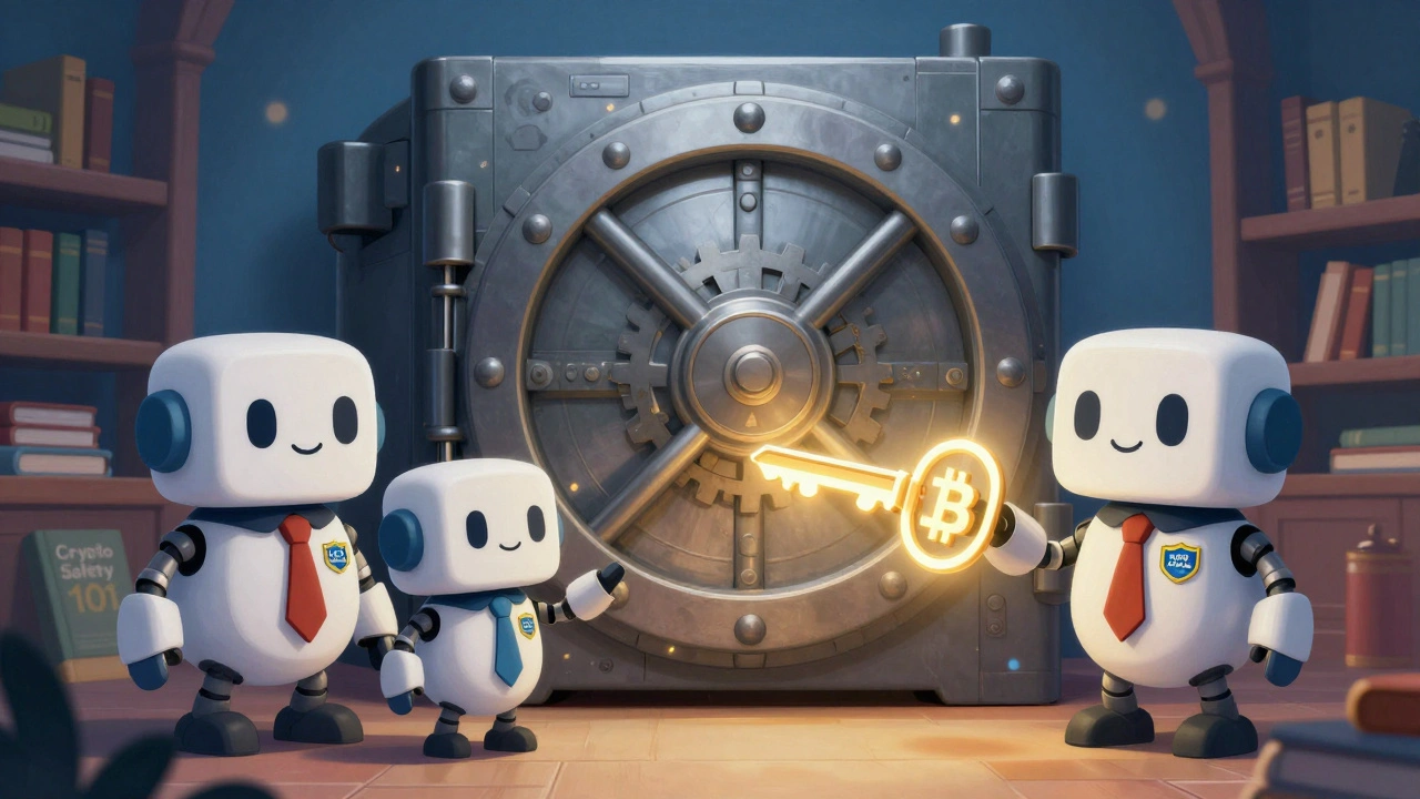 A friendly armored vault guarded by three robots with crypto and insurance badges.