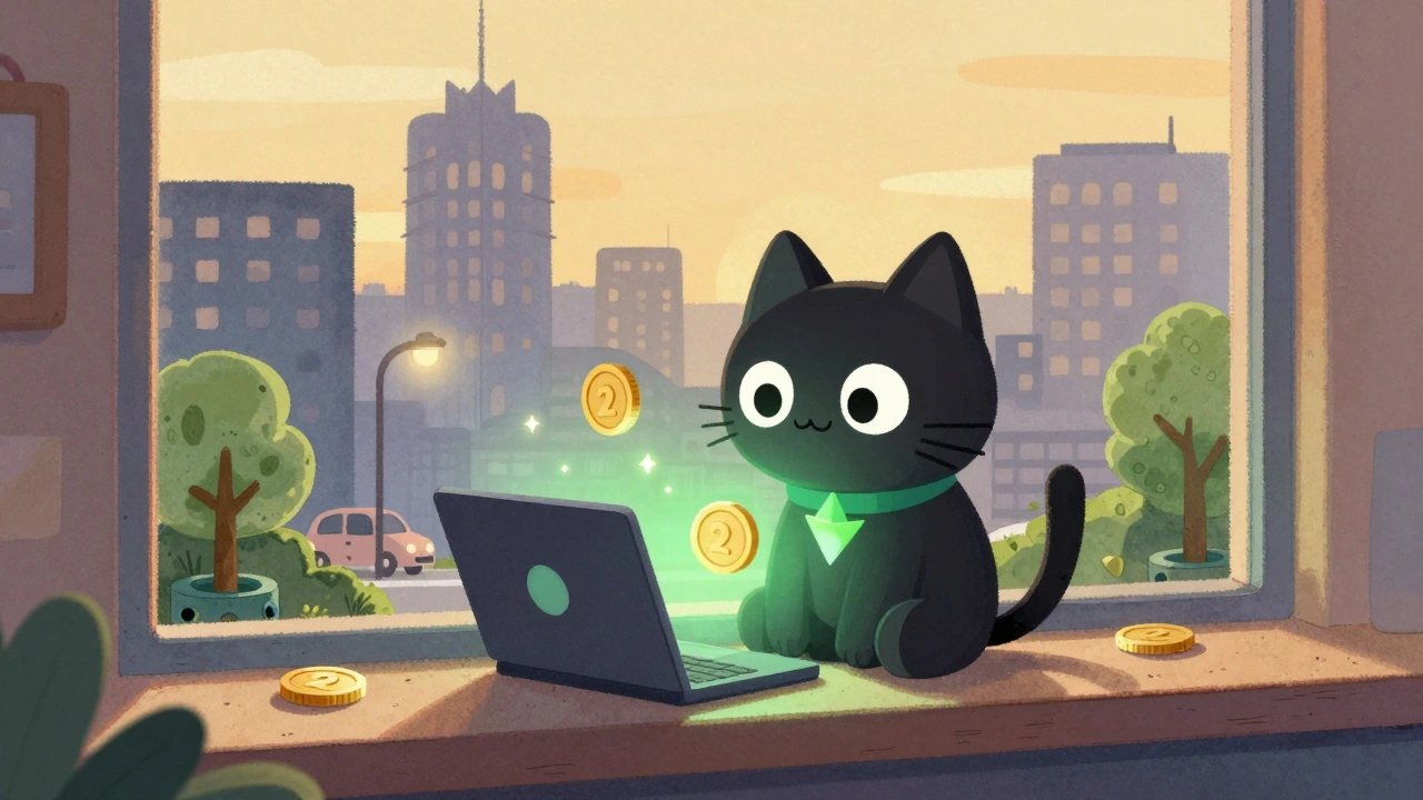 A friendly laptop validator cat glows gently on a windowsill as a sustainable city sleeps peacefully outside.