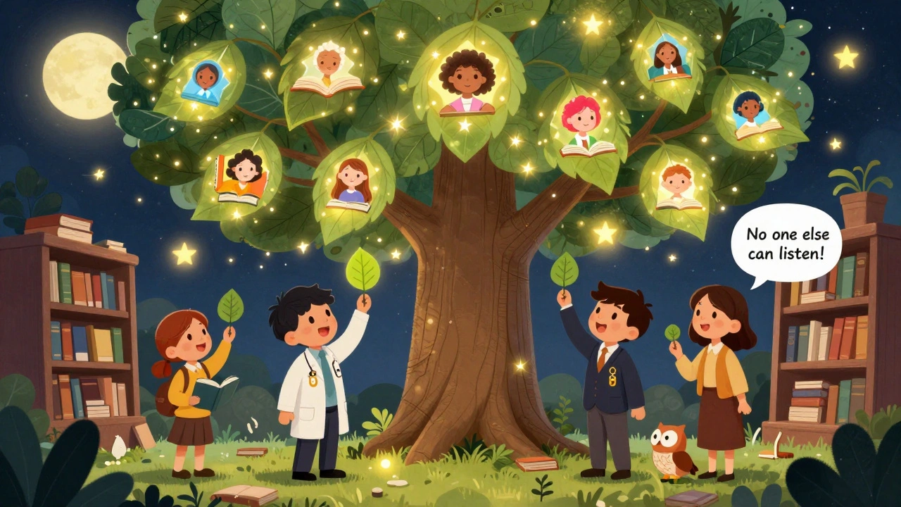 A glowing tree with encrypted leaves, each person holding a key to their own voice.