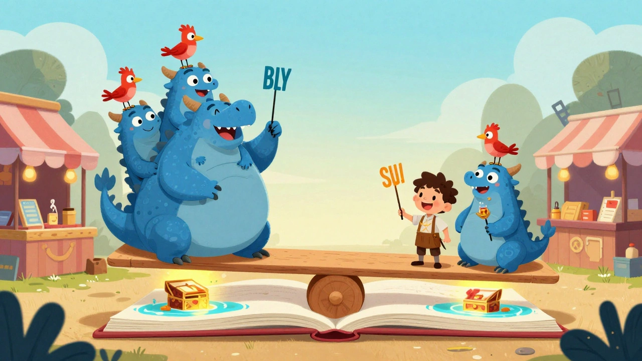 A magical seesaw with friendly dragons and birds representing buy and sell orders in a crypto marketplace.