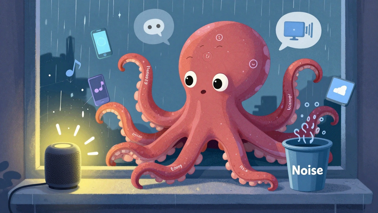 A neural network octopus identifies speech and discards noise, helping a smart speaker save battery in a cozy room.