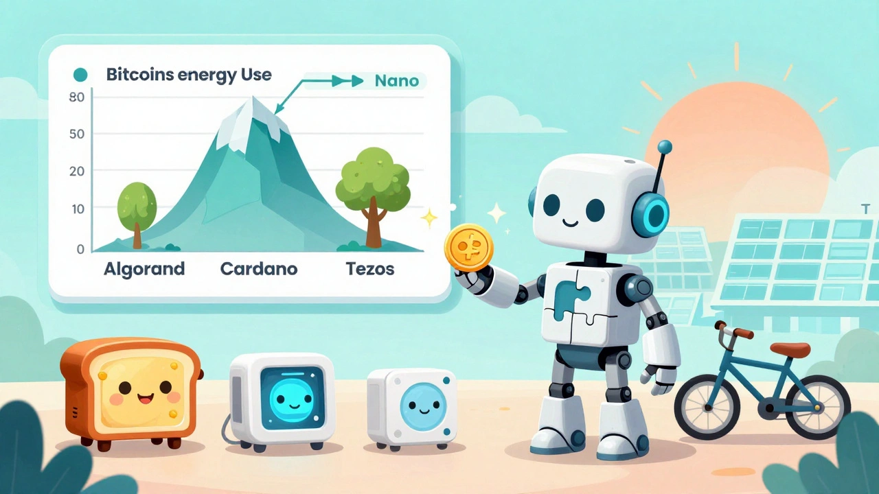 A robot made of puzzle pieces gives energy coins to smart devices while clean energy trees grow behind them.