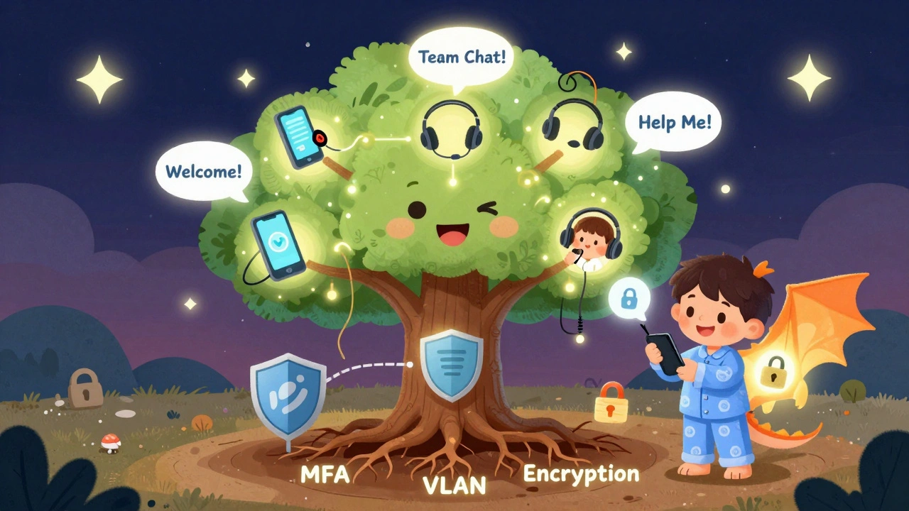 A secure VoIP network shaped like a tree with protective lock icons, as a child plugs in a phone confidently.