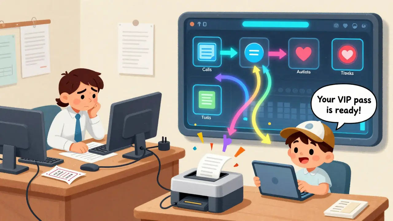 A split scene: chaotic paper tickets vs. a glowing digital dashboard automating event support with happy attendees.