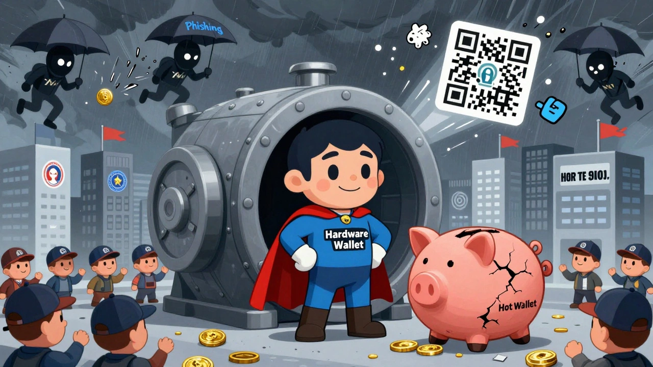 A superhero vault protects crypto from hackers, surrounded by cheering people and Fortune 500 buildings.