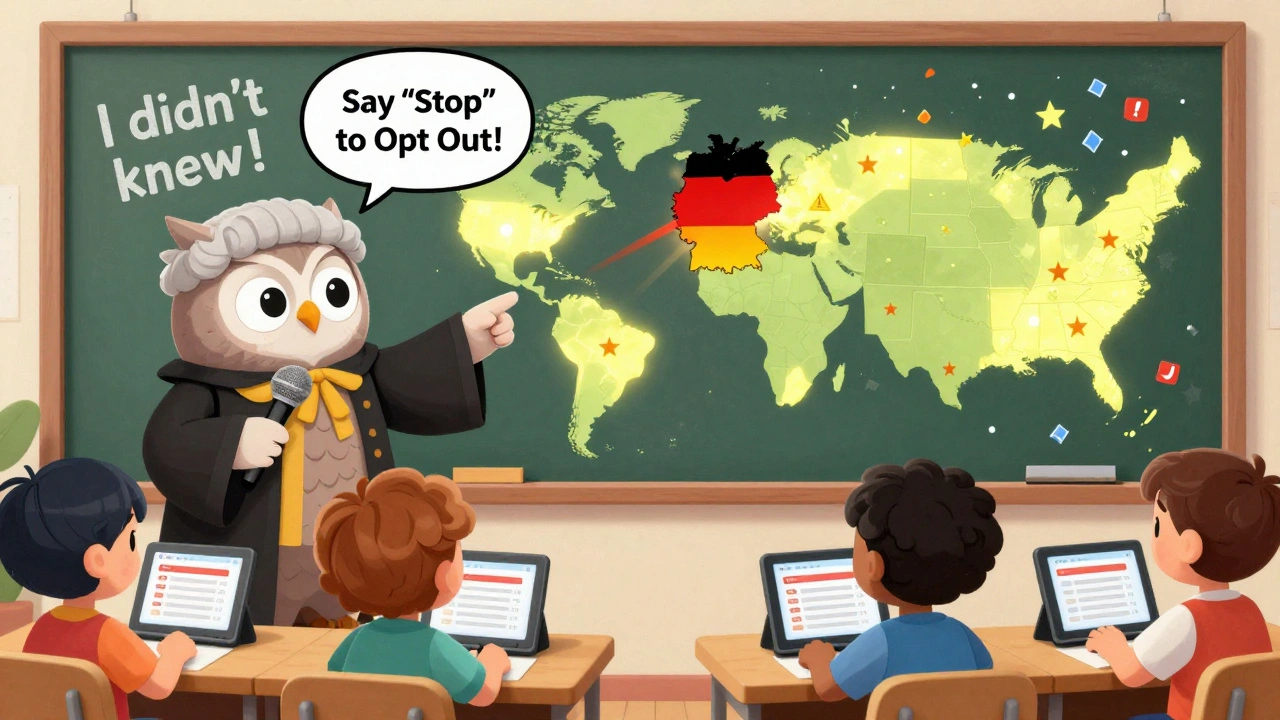 A wise owl teaching remote workers about call consent laws on a world map with glowing zones.