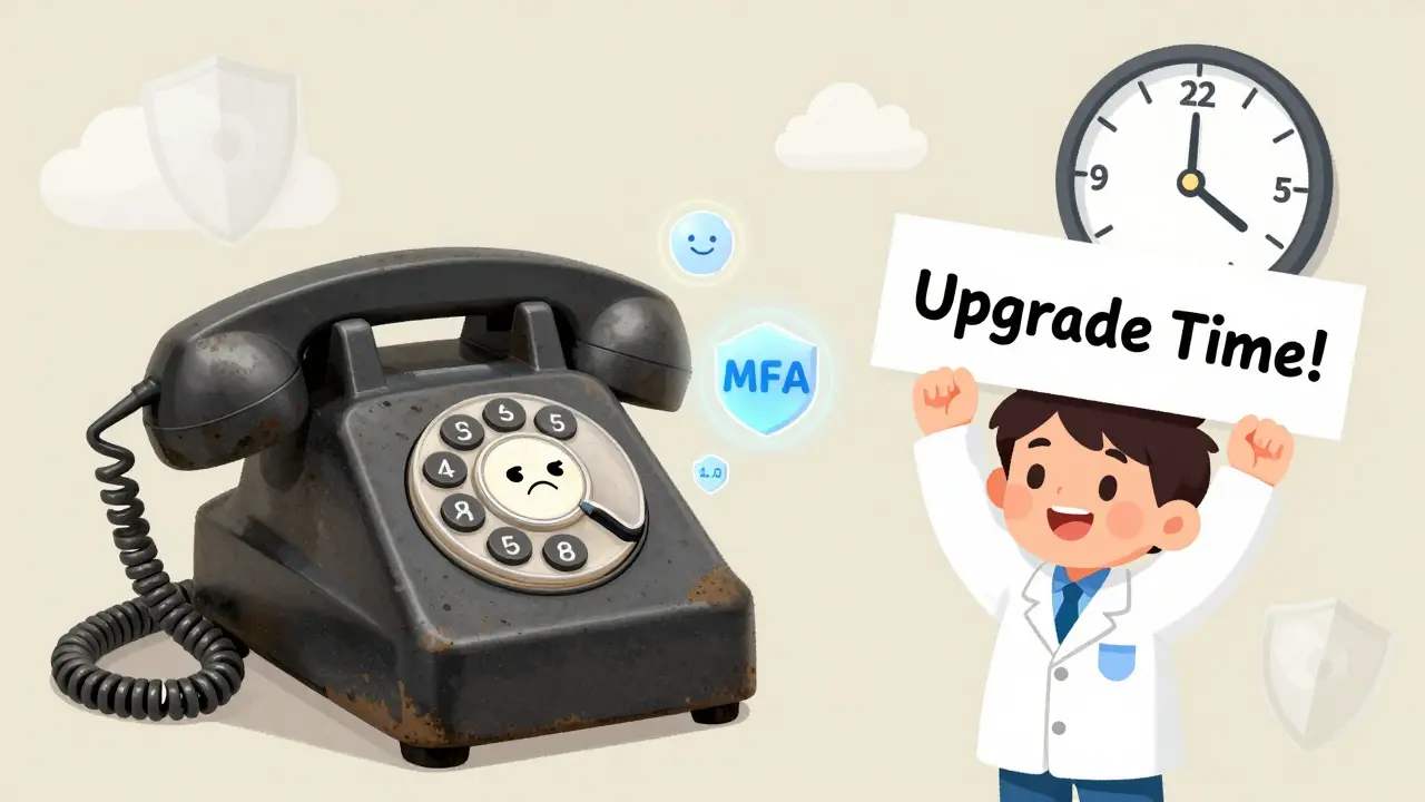 An old phone is replaced by a new one with MFA icons, as a child holds an 'Upgrade Time!' sign.
