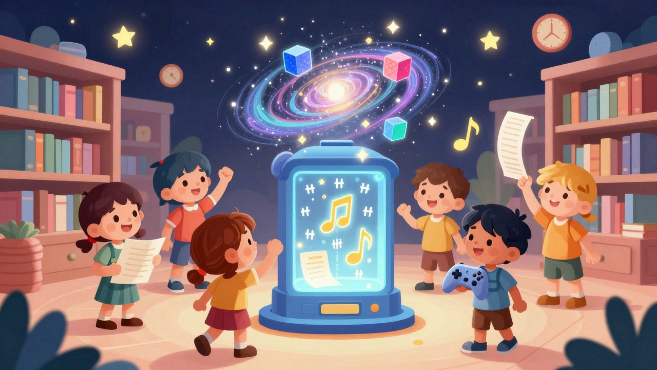 Children drop creative items into a machine that turns them into glowing hashes, sending them into a starry blockchain galaxy.
